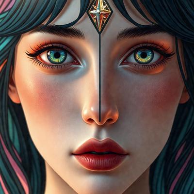 The primary subject of the image is a woman with blue eyes, wearing a star-shaped necklace. She has a pink lipstick on her lips, and her eyes are open. The setting is a close-up of her face, and the visual style is digital art. The colors and mood of the image are vibrant and lively, with the blue eyes and pink lipstick adding a touch of warmth and personality to the scene.